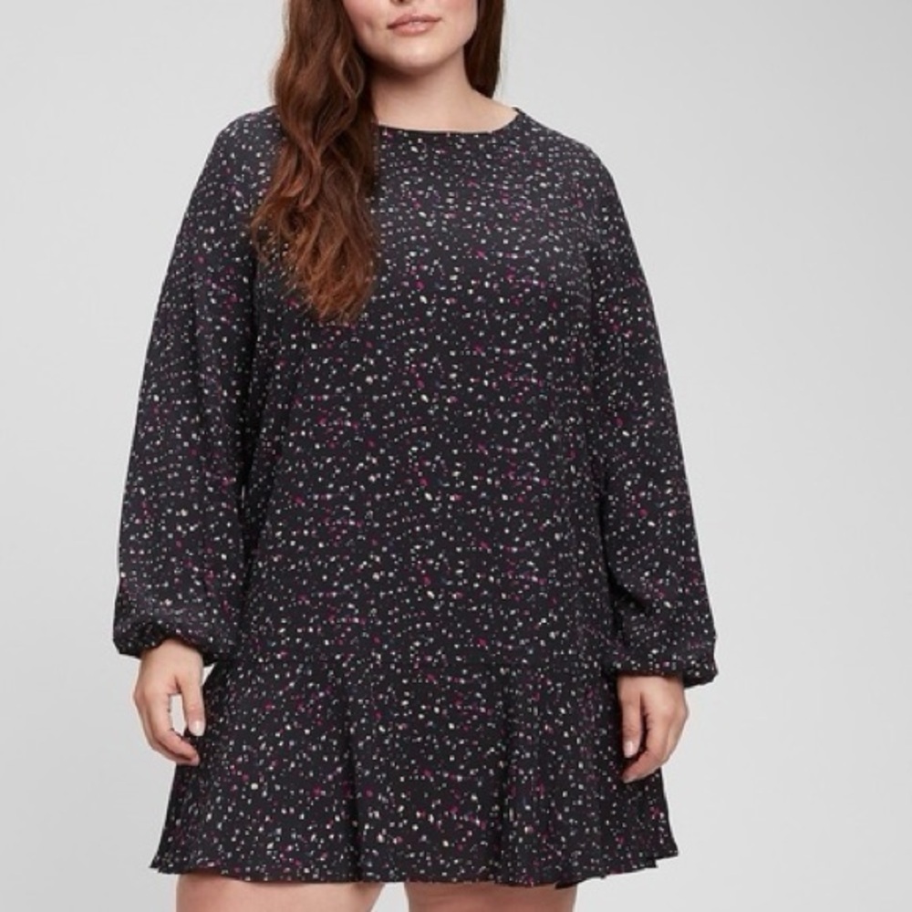 Gap Lenzing Ecovero Flounce Hem Mini Dress Black Confetti Pattern Long Sleeve
